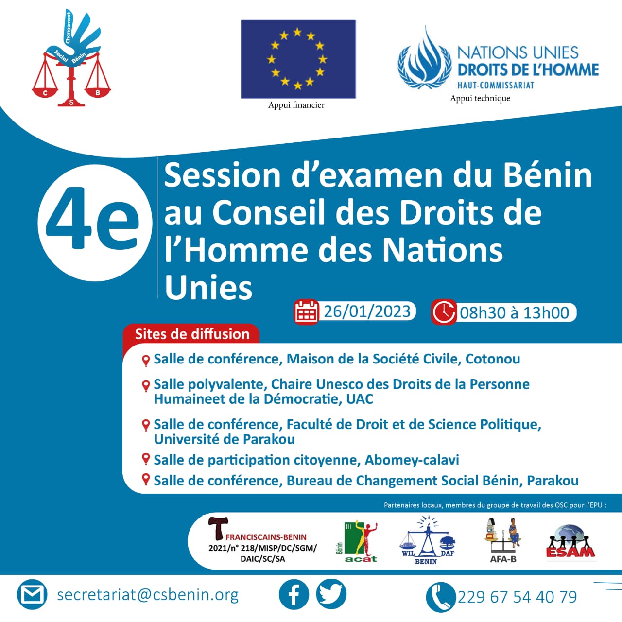 Diffusion de la 4e session d’examen du Bénin au Conseil des Droits de l’Homme des Nations Unies